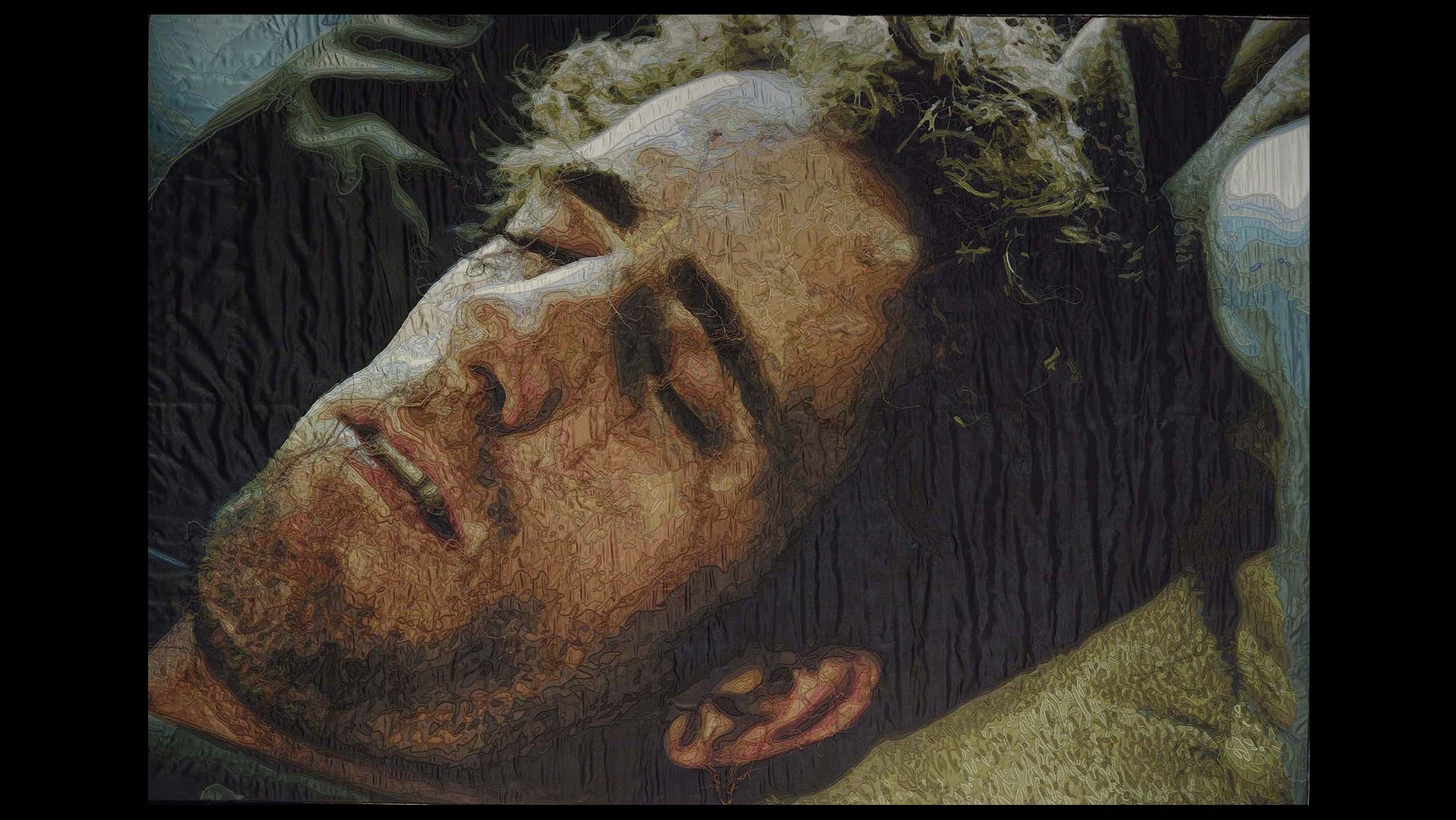 Ramazan Bayrakoğlu, Uyuyan Adam, 2010, tuval üzerine dikiş, 143 x 210 cm. Erol Tabanca Koleksiyonu. Fotoğraf: Ozan Çakmak