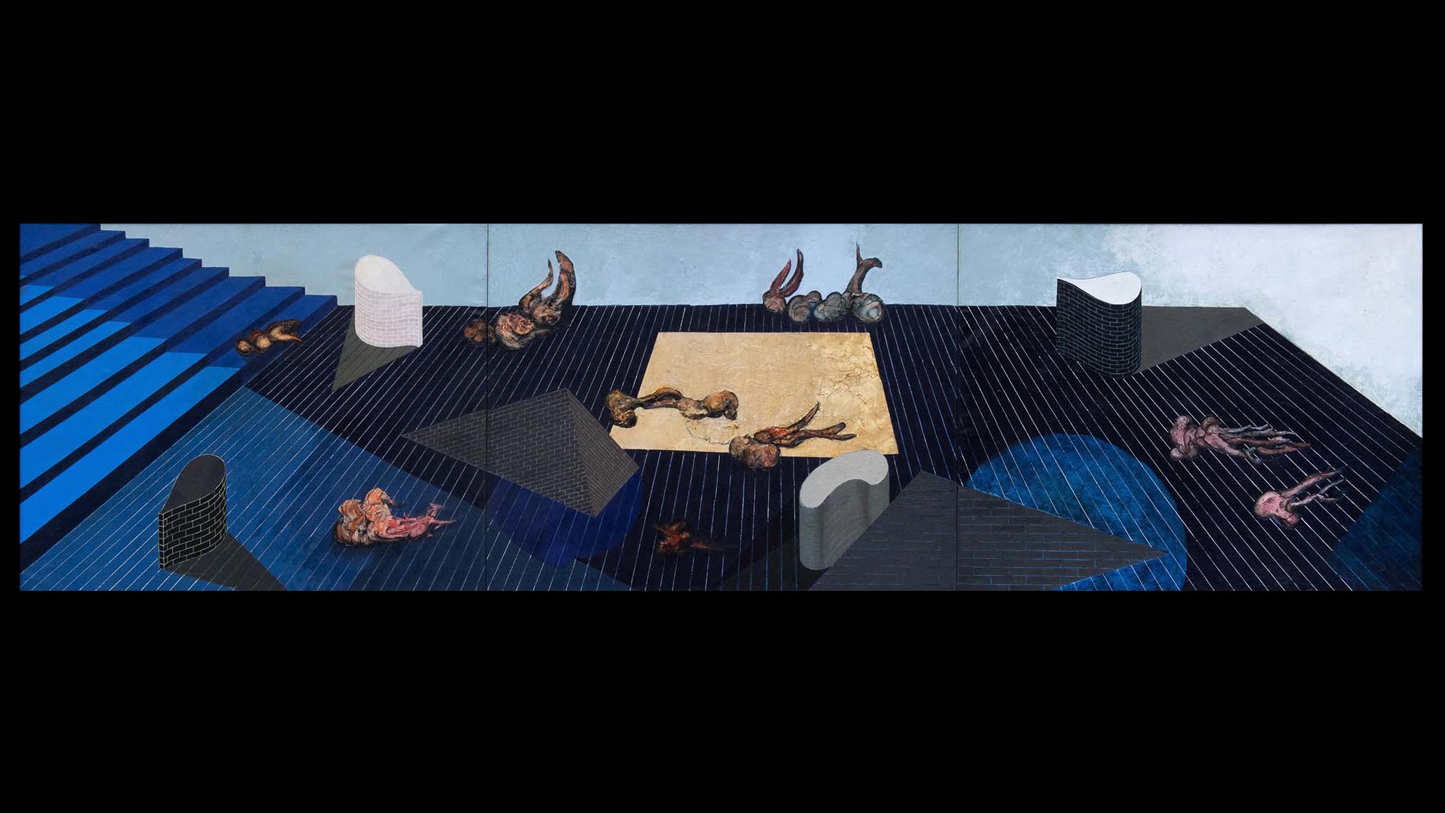 Erol Akyavaş, Kartaca Yıkılmalı, 1981, tuval üzerine karışık teknik, 115 x 415 cm-triptik. Erol Tabanca Koleksiyonu. Fotoğraf: Kayhan Kaygusuz