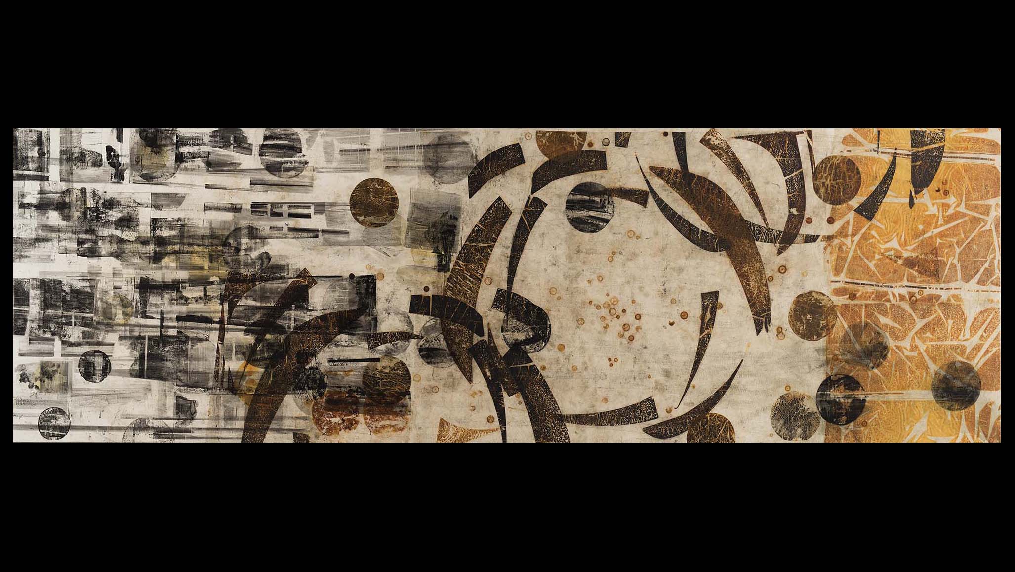 Canan Tolon, İsimsiz, 2015, tuval üzerine pas ve akrilik, 191 x 610 cm. Erol Tabanca Koleksiyonu. Fotoğraf: Ozan Çakmak