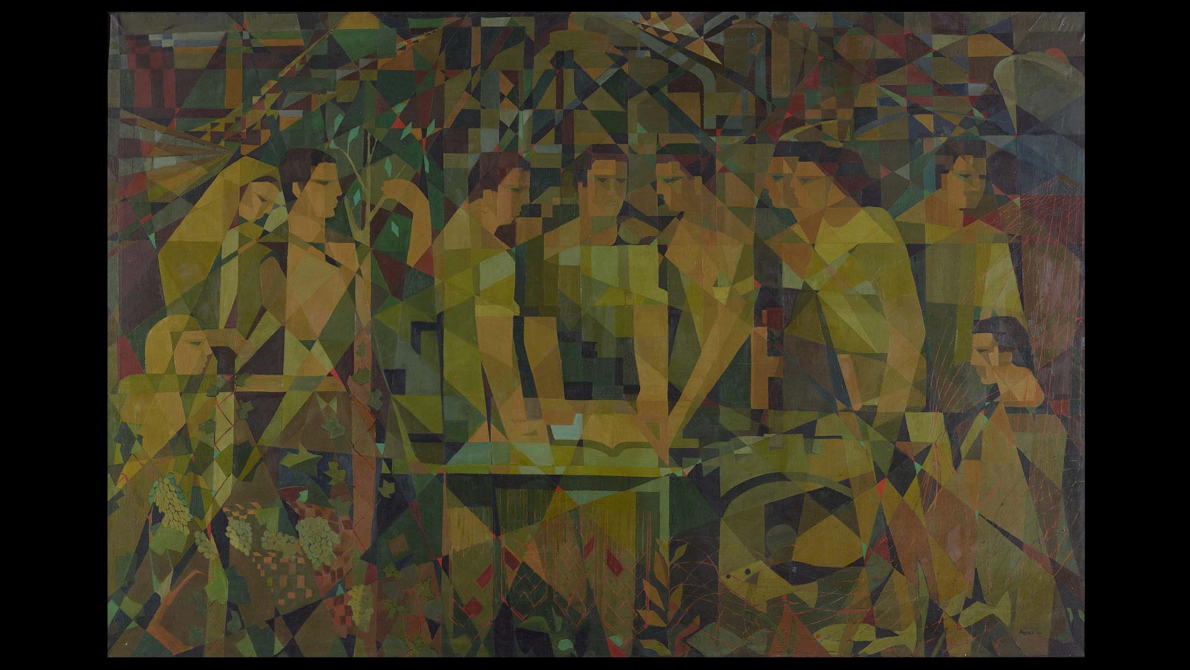 Ferruh Başağa, Toplum ve İşbirliği, 1953, tuval üzerine yağlıboya, 200 x 300 cm. Erol Tabanca Koleksiyonu. Fotoğraf: Ozan Çakmak