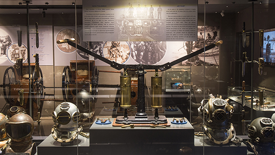 The collection features diving helmets, shoes,suits, knives and air pumps.